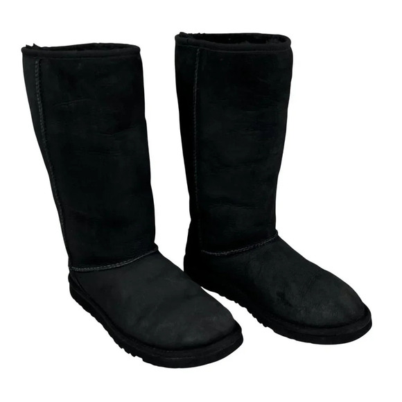 Ugg Womens 6 Black Genuine Leather & Sheepskin Tall Winter Boots Snow Sports Fun - Picture 5 of 16
